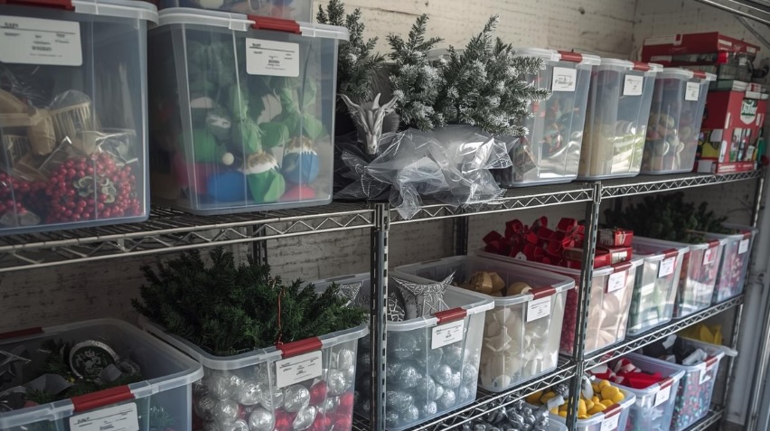 Labeled storage bins neatly arranged on metal shelving in a Pine Beach, New Jersey home, showing organized holiday décor including ornaments, greenery, and seasonal supplies, styled the way OCD Organized serves families across Monmouth and Ocean County.