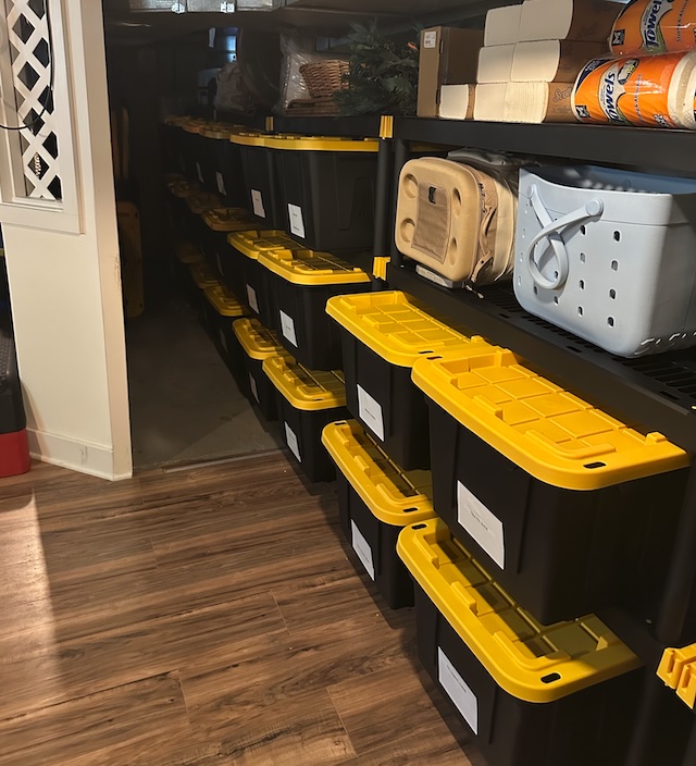 Long row of labeled black-and-yellow storage bins on basement shelving in a New Jersey home, organized by OCD Organized for residents across Monmouth and Ocean County.
