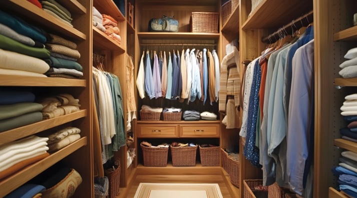 A neatly arranged walk-in closet in a New Jersey home featuring wooden shelving, folded clothing, hanging shirts organized by color, and woven storage baskets lining the shelves and floor.