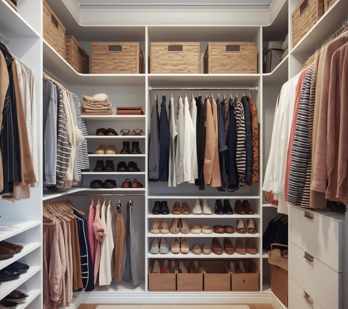 Neatly arranged walk-in closet in a Monmouth County home, featuring labeled baskets on upper shelves, coordinated hanging clothes, organized shoes, and built-in shelving designed for a clean, streamlined daily routine.