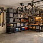 Clean, well-organized suburban residential garage with wall-mounted yard tools, labeled storage bins on metal shelving, two bicycles hanging from ceiling racks, and a tidy workstation with neatly arranged tools. Natural sunlight streams in from a partially open garage door, illuminating a clear floor with ample parking space.