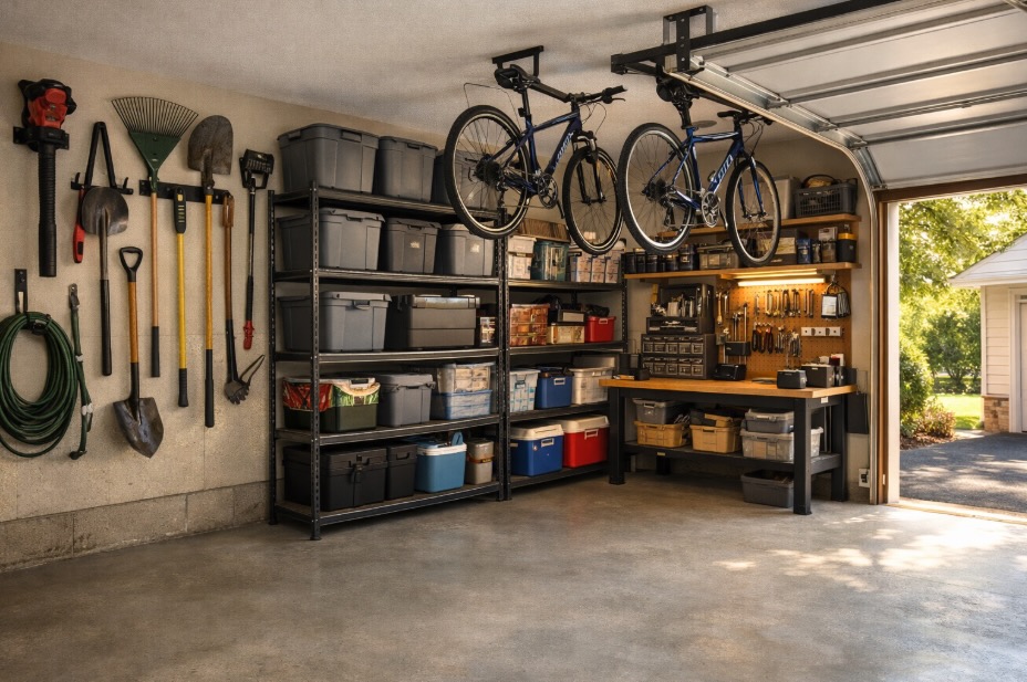 Clean, well-organized suburban residential garage with wall-mounted yard tools, labeled storage bins on metal shelving, two bicycles hanging from ceiling racks, and a tidy workstation with neatly arranged tools. Natural sunlight streams in from a partially open garage door, illuminating a clear floor with ample parking space.
