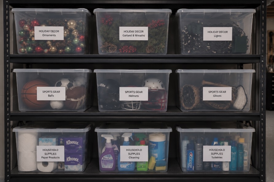 Labeled basement storage bins organized by category by a professional organizer serving New Jersey homeowners