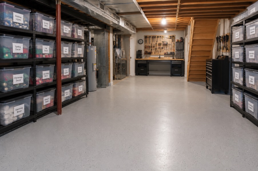 Organized basement with labeled bins and shelving systems created by a professional organizer in Ocean County NJ