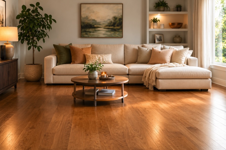 Clutter-free living room floor after professional home organizing showing clear pathways and open floor space