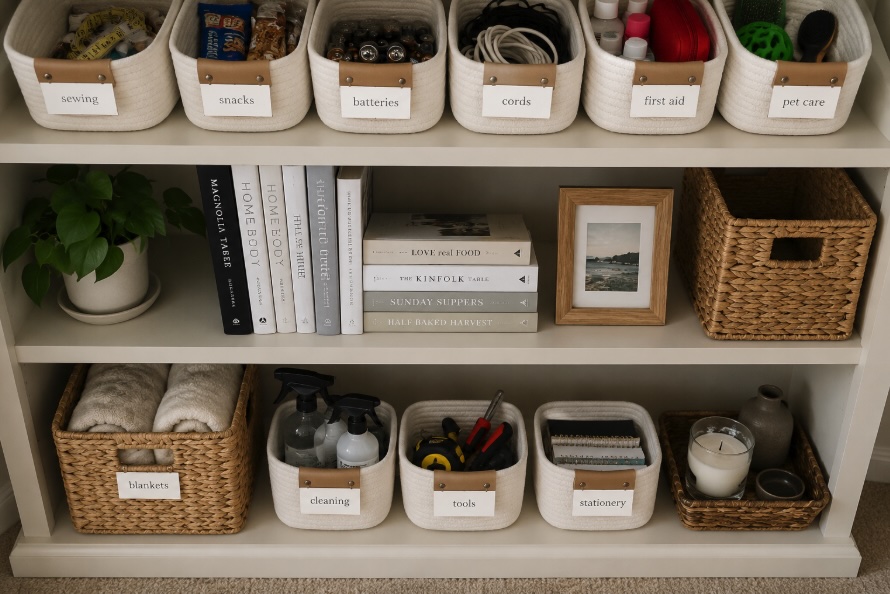 Organized home shelf using simple categorizing systems inspired by library organization