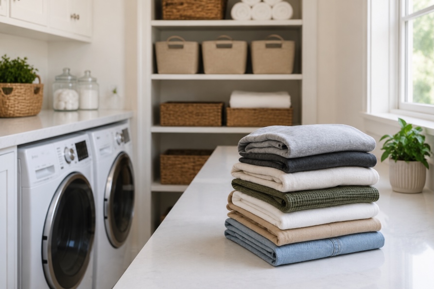 Neatly organized laundry room with folded clothes and labeled storage baskets representing a manageable laundry routine