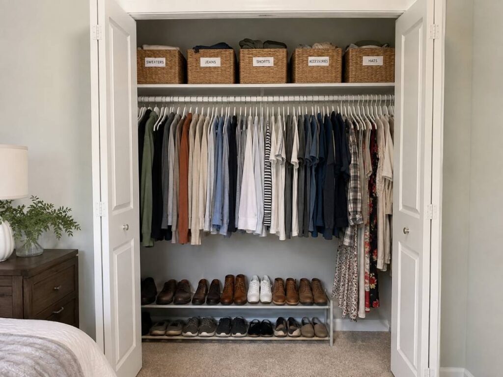 Reach-in bedroom closet organized by a professional organizer in Ocean County NJ