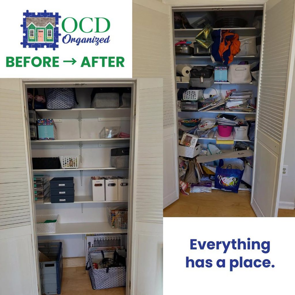 Before and after organized closet in a Monmouth County home office